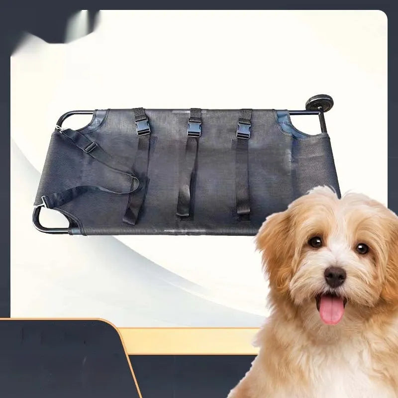 A large black foldable aluminium alloy pet stretcher for dogs, shown in both open and folded positions.
