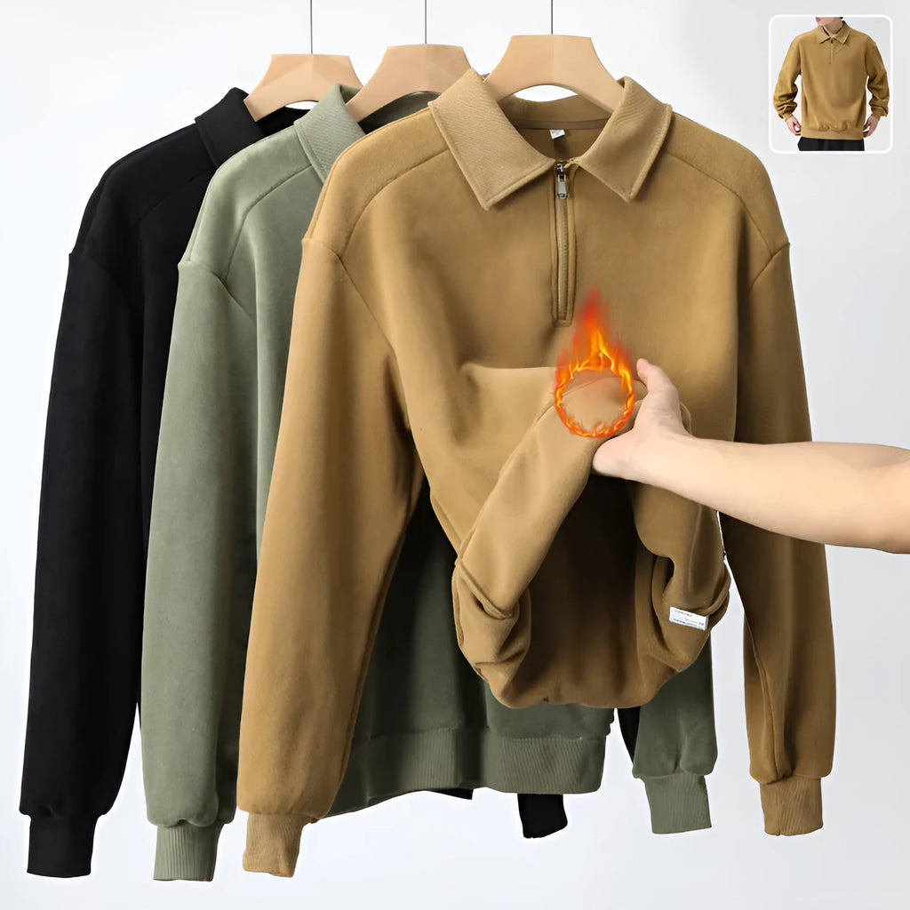 Men's fleece half-zip hoodie in Haze Green, long sleeve winter top with hood and full zip front