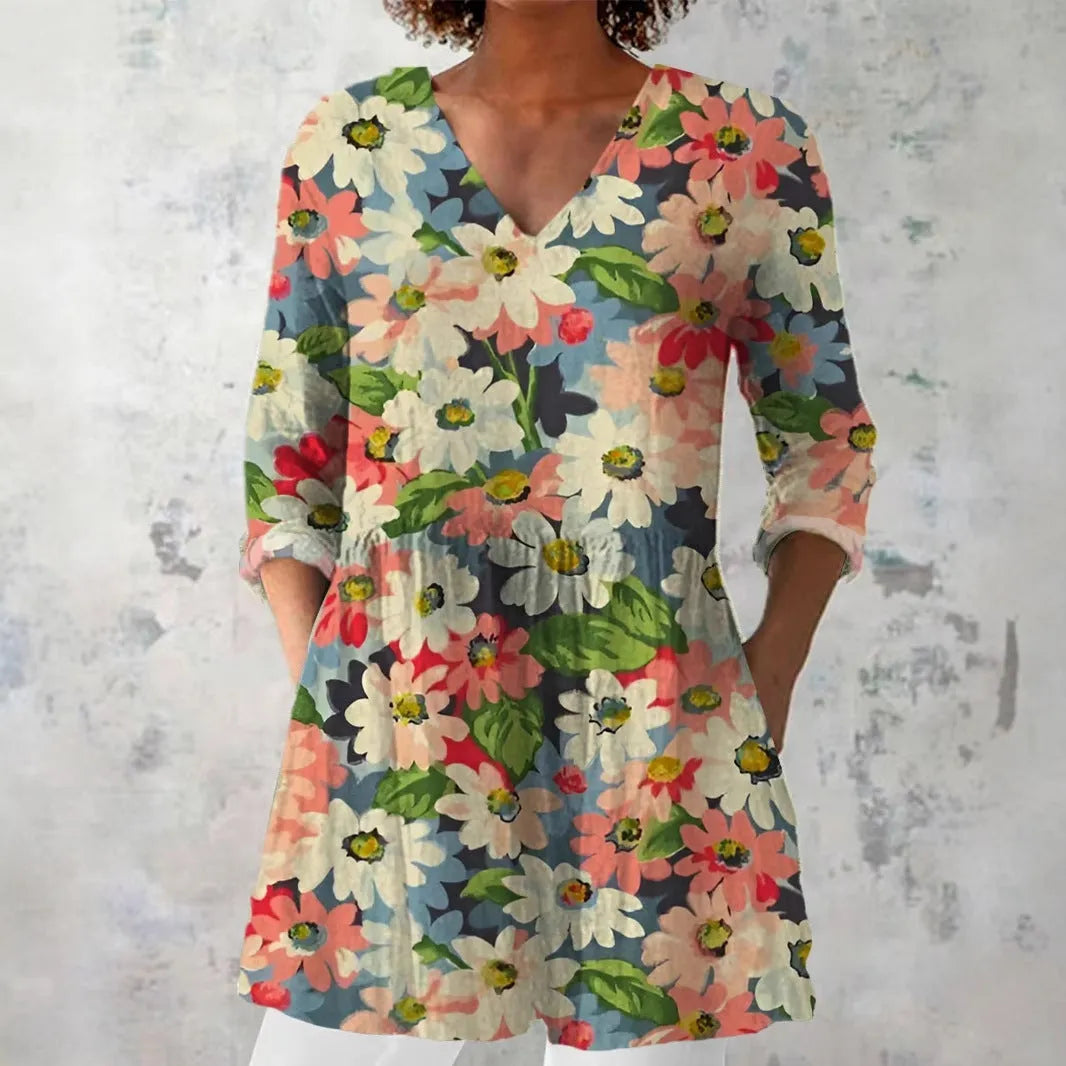 Women's retro print long-sleeved polyester top on a hanger, showing slim fit and detailed digital pattern.