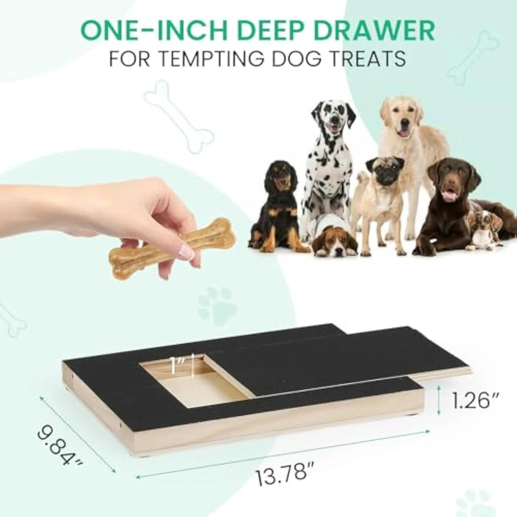 Wooden dog nail scratch board with treat drawer and non-slip pads for natural nail trimming