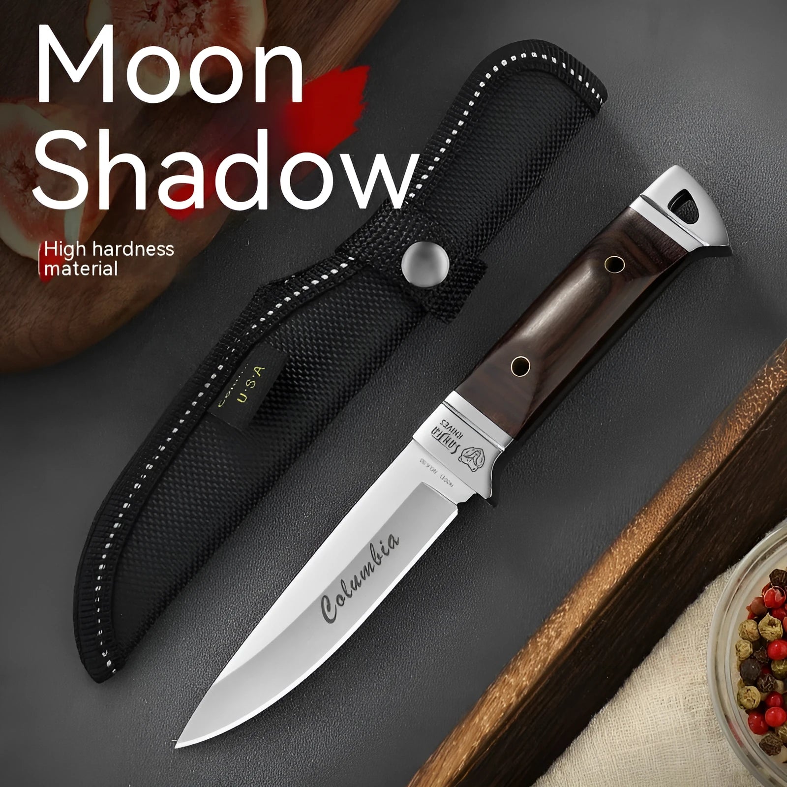 Camping portable fruit knife with stainless steel blade and brown leather sheath case