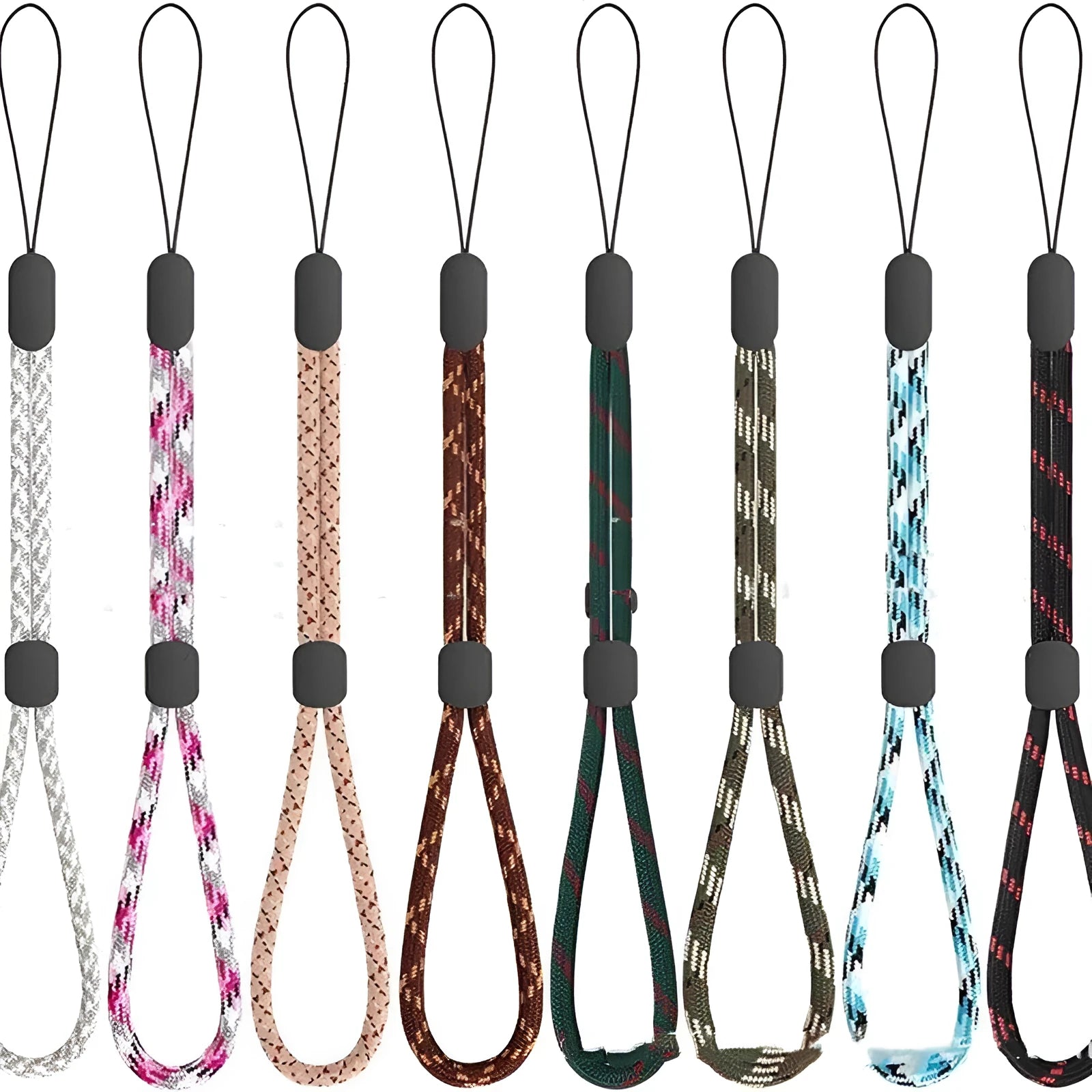 Adjustable round woven mobile phone lanyard in pink, white, and black colours