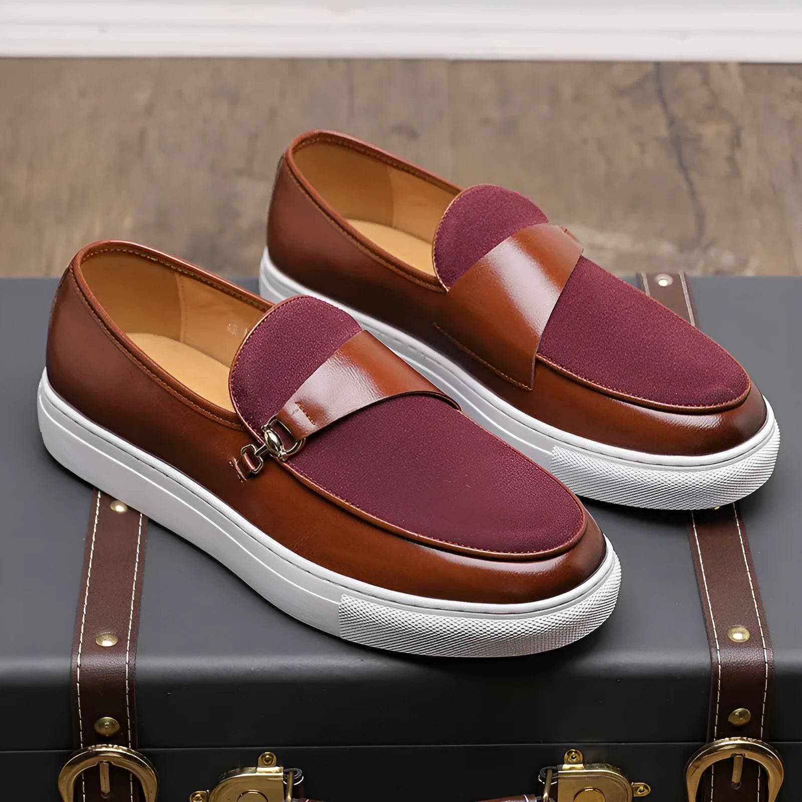 Men's Leather Shoes Business Slip-on Casual Shoes with Rubber Sole and Sewing Line Detail Black or Red Low Top Round Head Design Available in Sizes 38-48