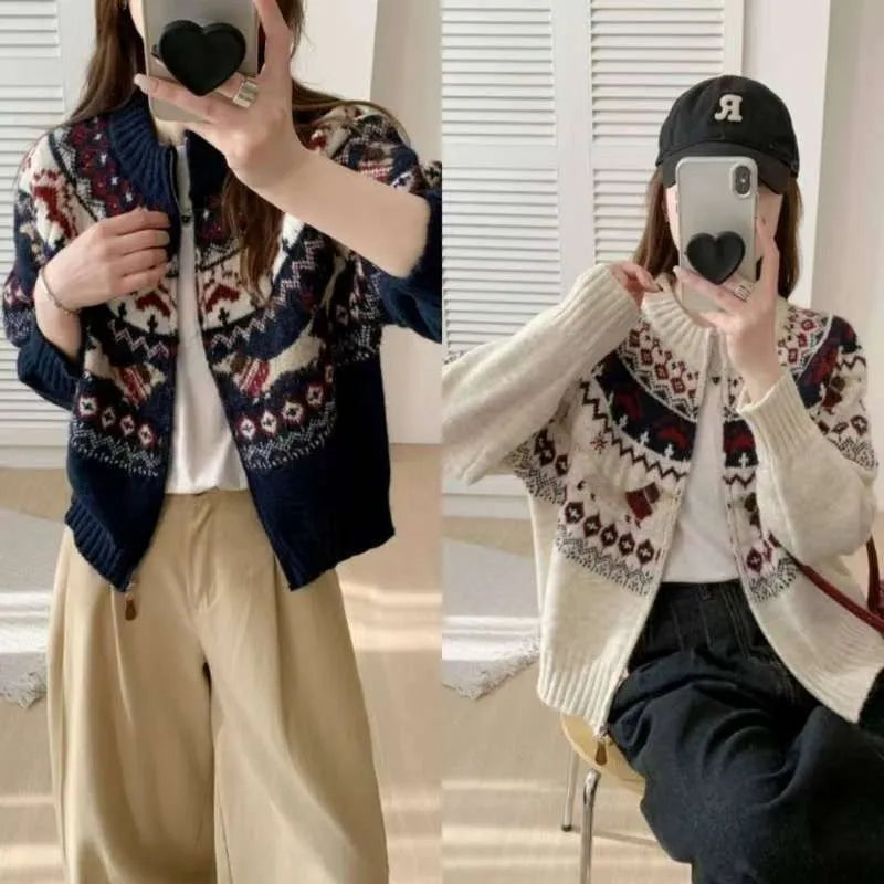 Ethnic style heavy industry jacquard pullover sweater with 3D pattern, shown in beige apricot and navy blue colours.