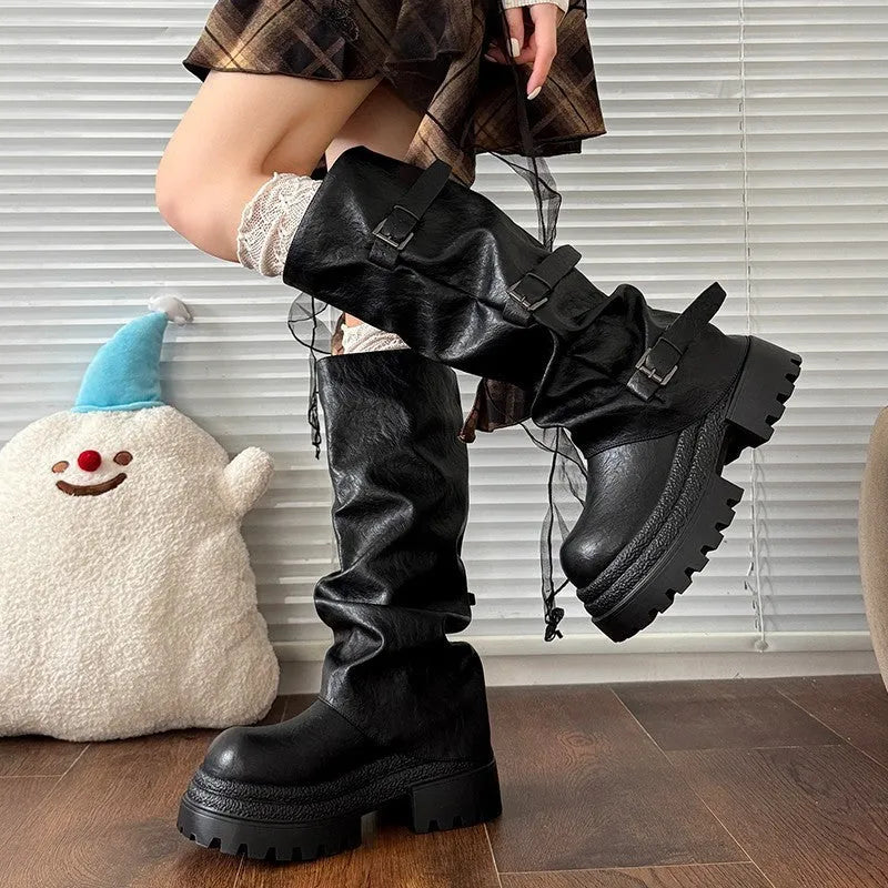 Women's thick bottom knight boots in solid khaki synthetic leather with chunky sole and high-top shaft