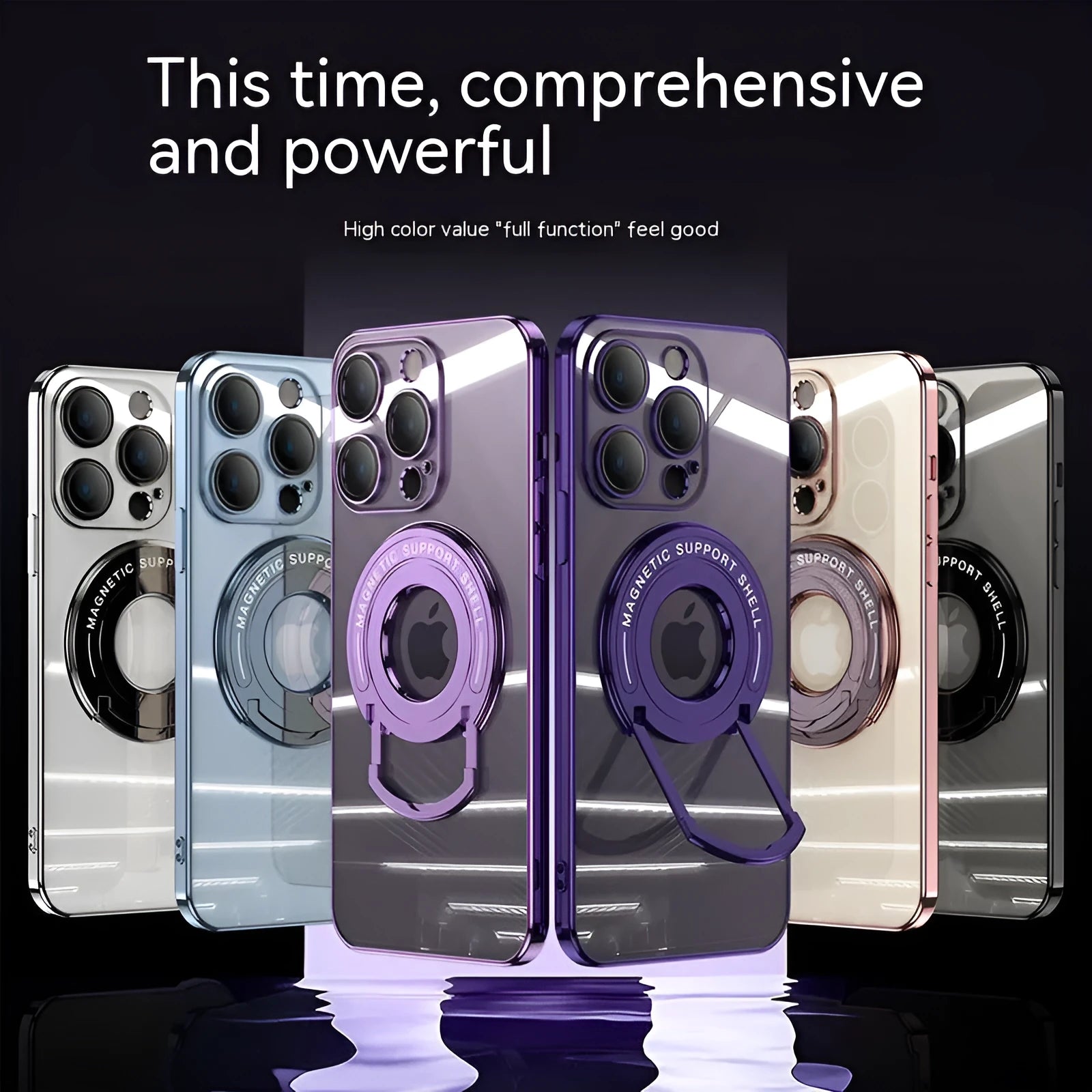 Transparent magnetic iPhone case with invisible pull-out stand, shown in dark purple colour.