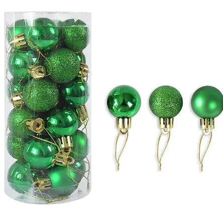 24 gold, red, and silver 3cm plastic Christmas balls with a shiny electroplated finish in a gift box.