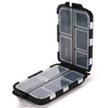 Small green plastic fishing tackle box with 10 internal compartments for hooks and lures.