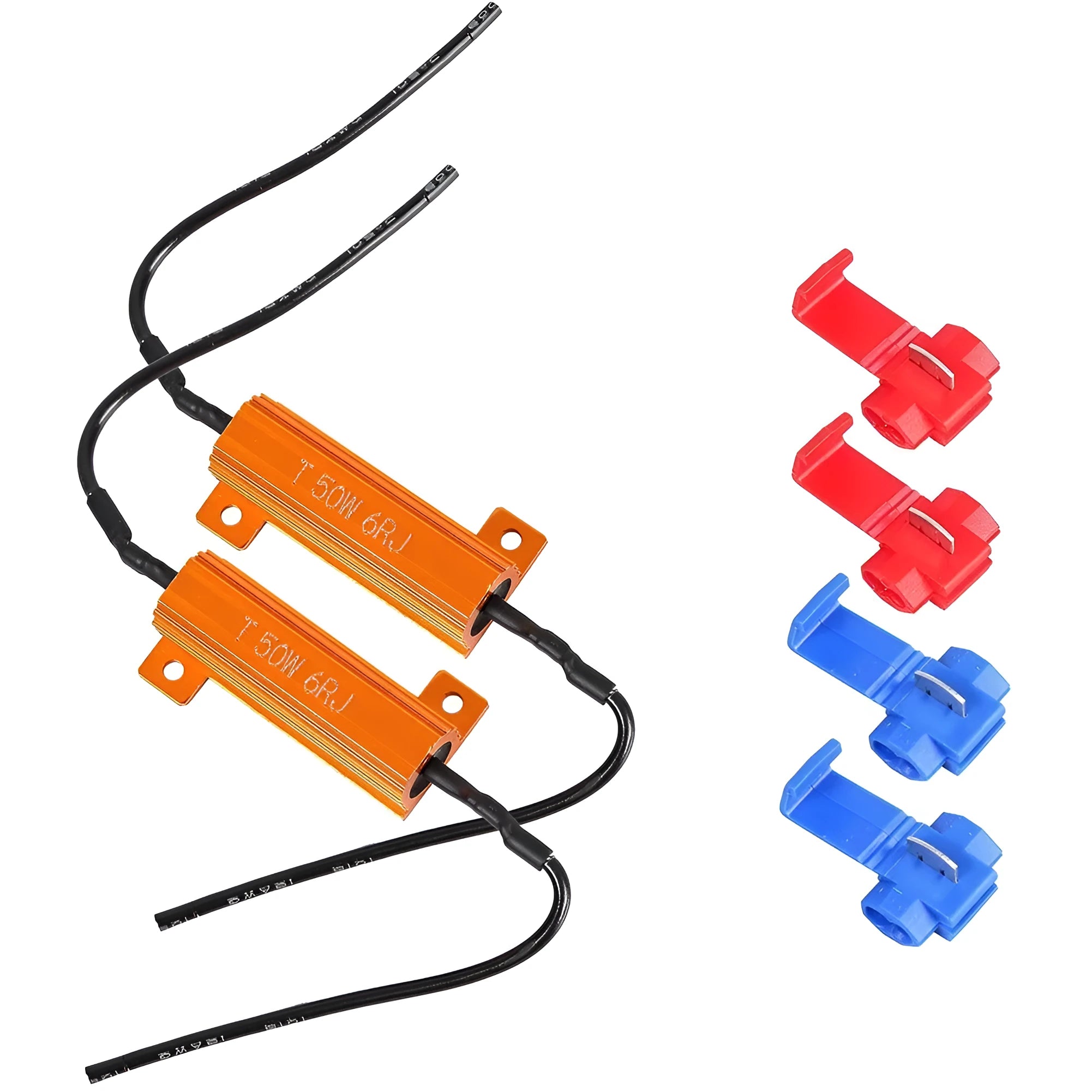 Two golden aluminium-case 50W load resistor decoders with four wire connector clips for fixing vehicle LED hyper-flash.