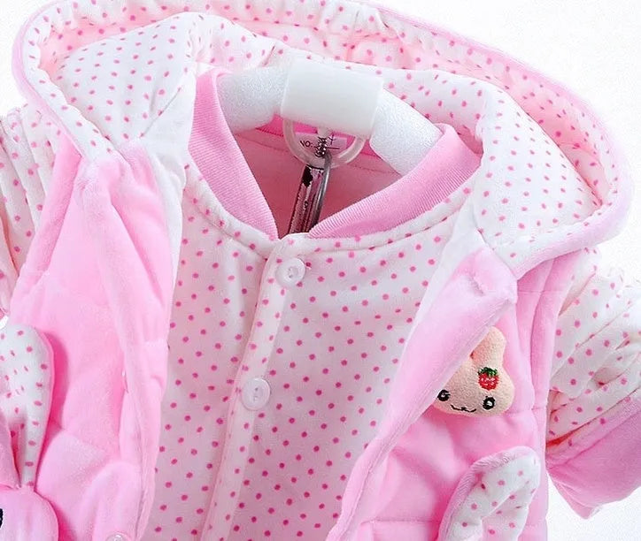 Baby girl's pink autumn winter three-piece flannel clothing set with jacket, trousers, and vest