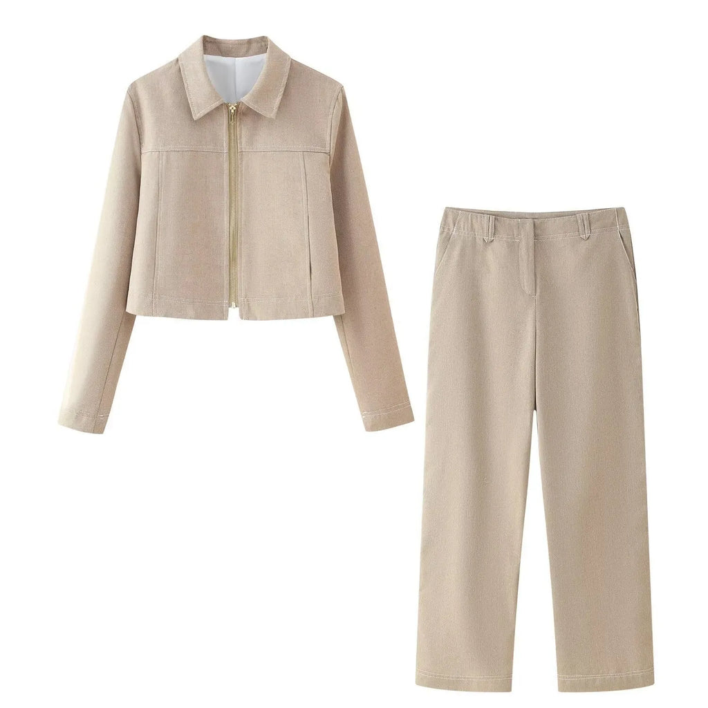 Women's herringbone pattern suit set with 3D embroidery detailing showing jacket and trousers