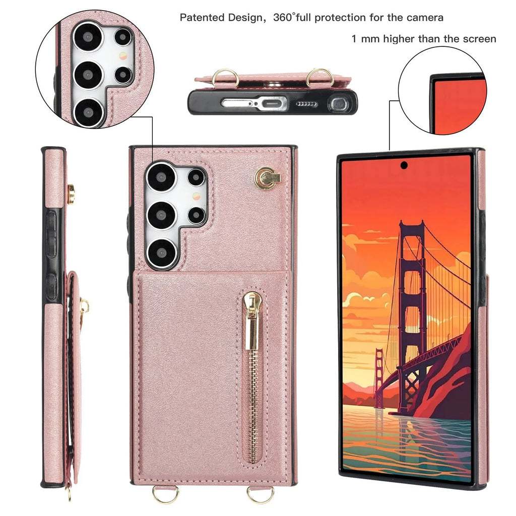 Black Samsung phone case with card slot, flip-out stand, and attached crossbody strap