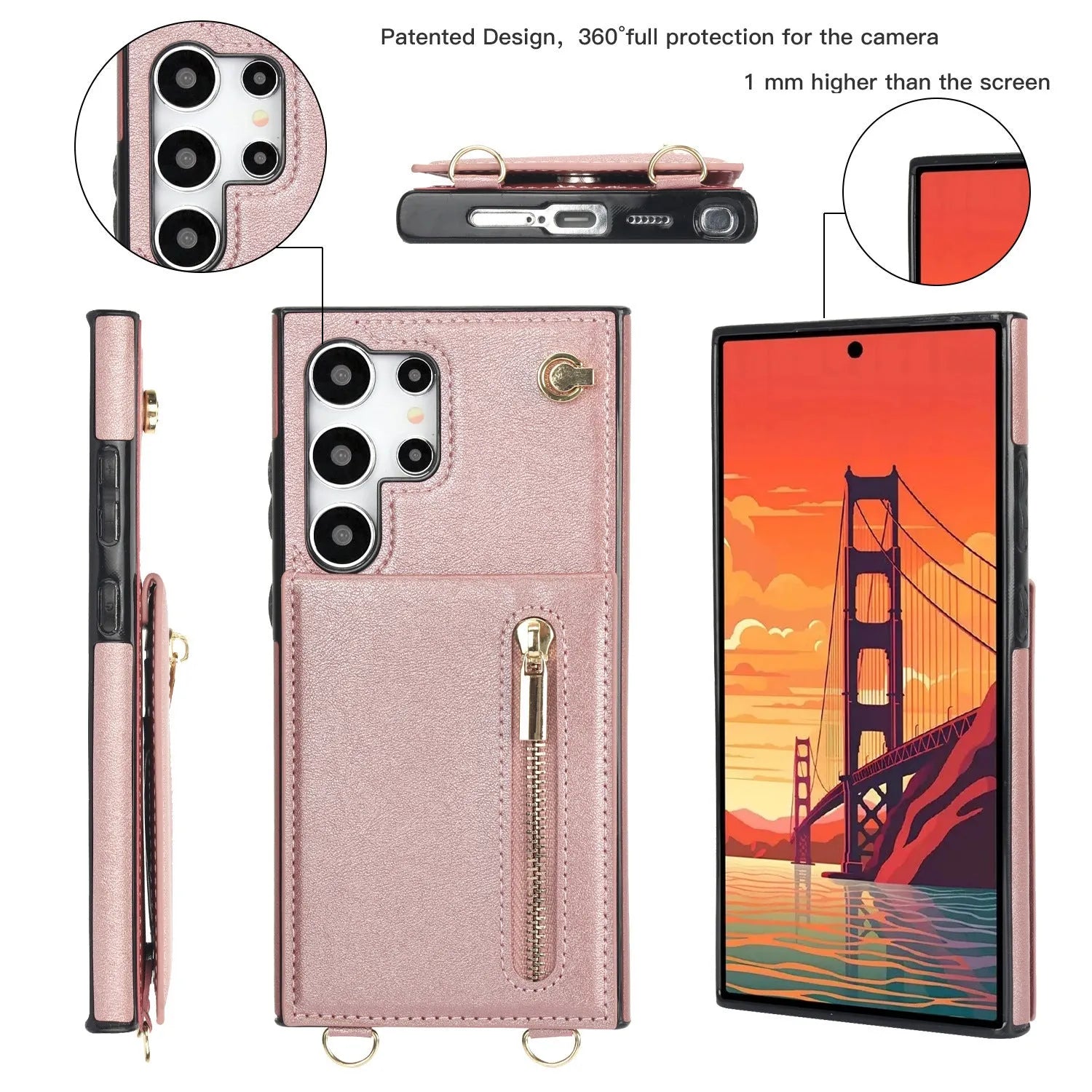 Black Samsung phone case with card slot, flip-out stand, and attached crossbody strap