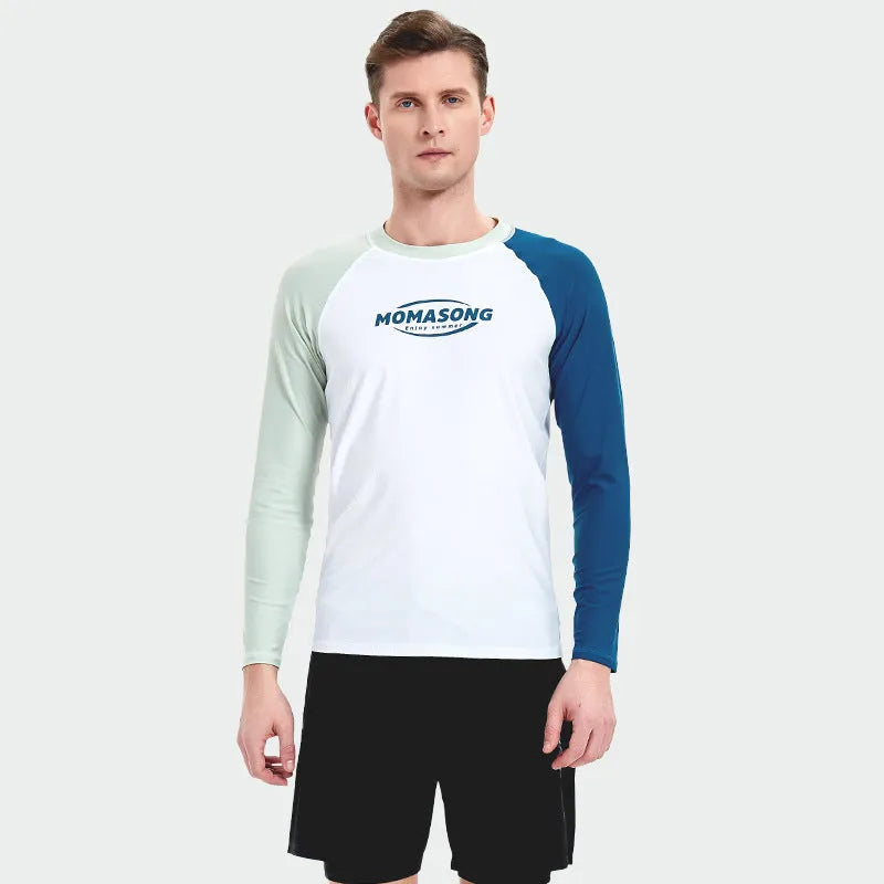 Men's white long sleeve swim top and matching trunks set for beach and surfing.