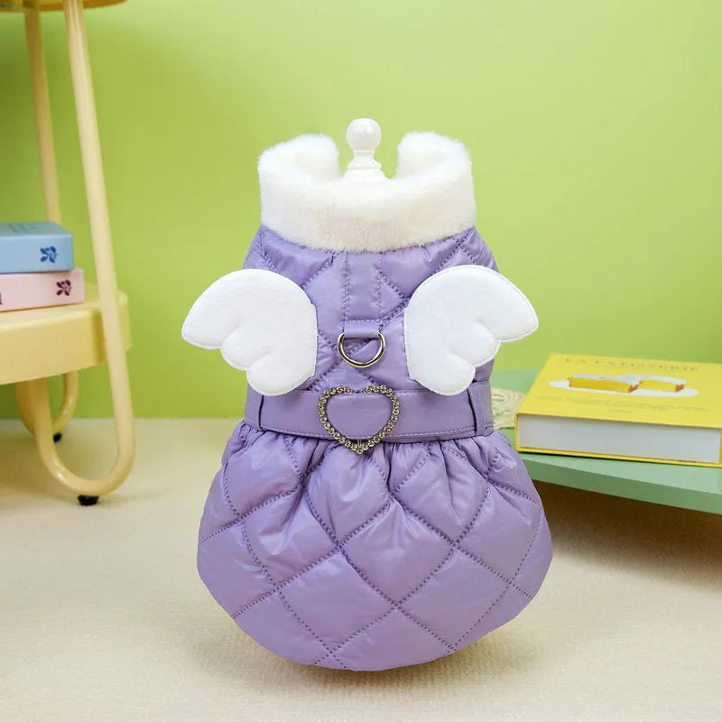 Small dog wearing pink or purple thickened cotton-style skirt - pet clothing in sizes XS to XL