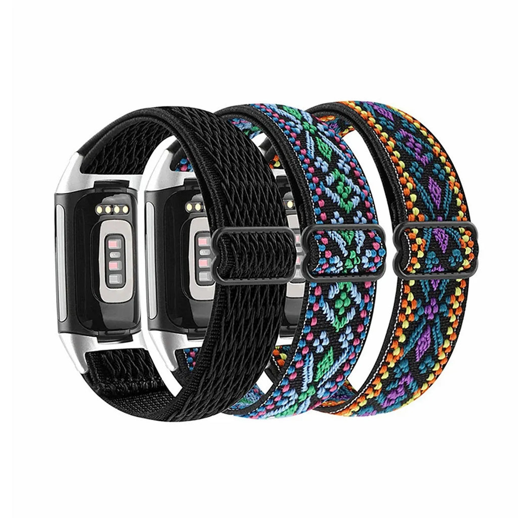 Black nylon elastic replacement strap with metal toe cap for Fitbit Charge 5 and 6