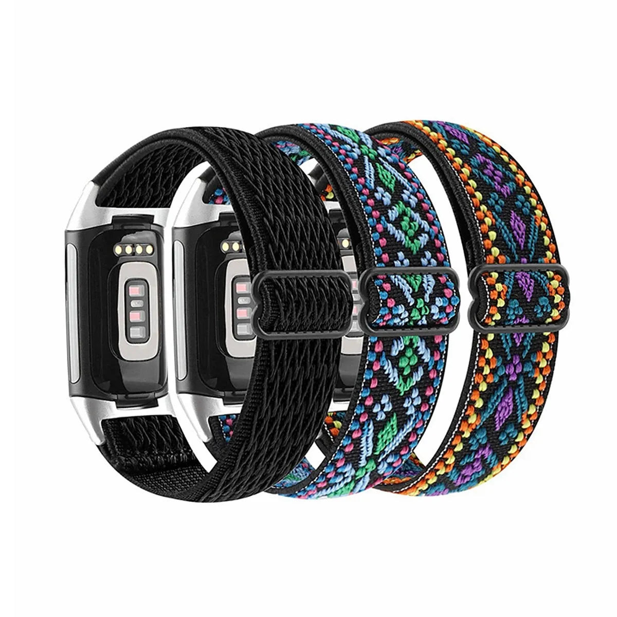 Black nylon elastic replacement strap with metal toe cap for Fitbit Charge 5 and 6