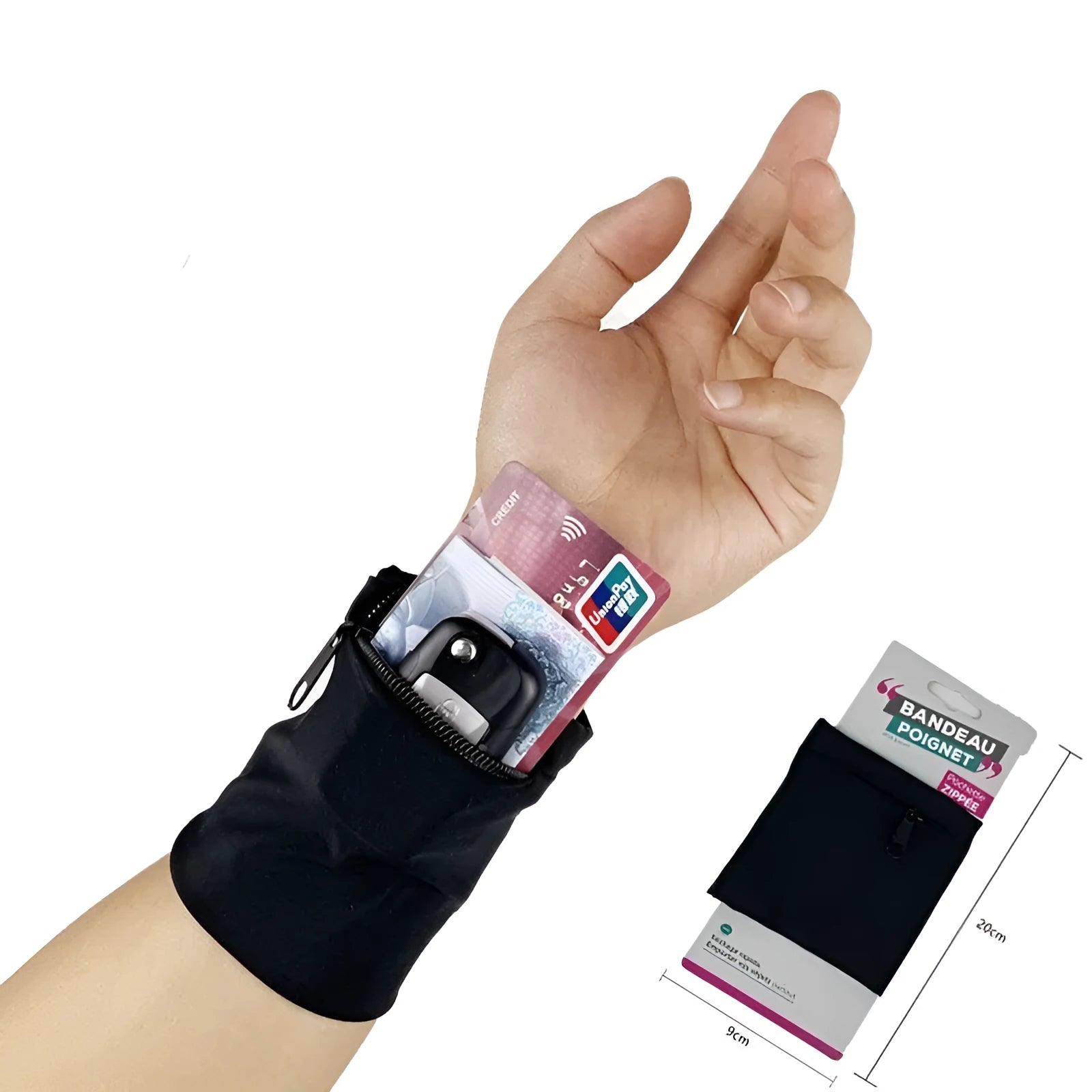Black adjustable wrist bag with armband, showing zipped main compartment and external card slot on a person's forearm.