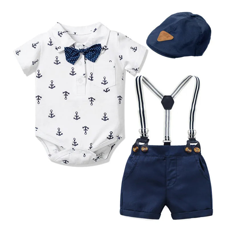 Blue cotton baby boy romper with triangle print and short sleeves for summer