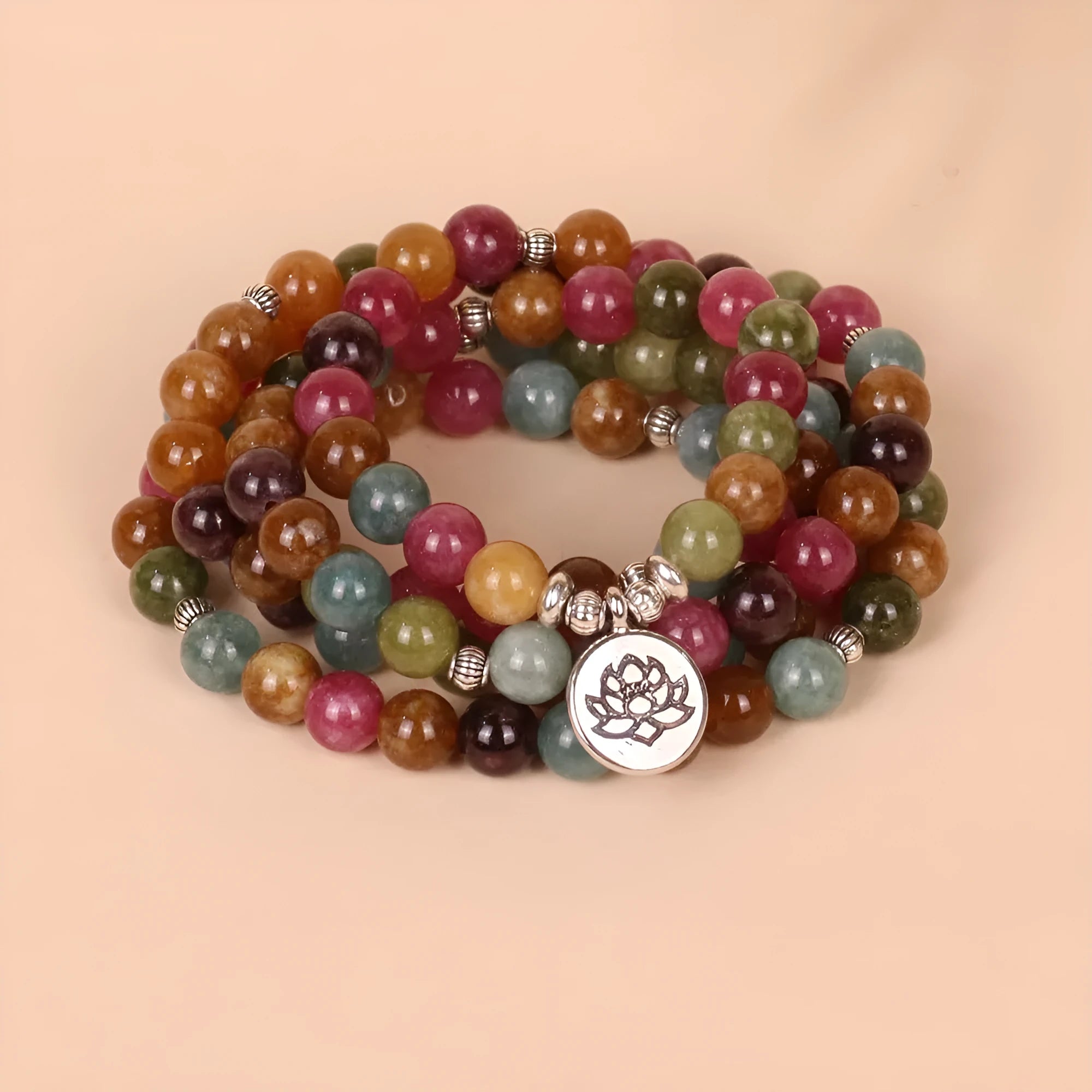 108-bead multi-layer bracelet with tourmaline stones and lotus charm on alloy chain
