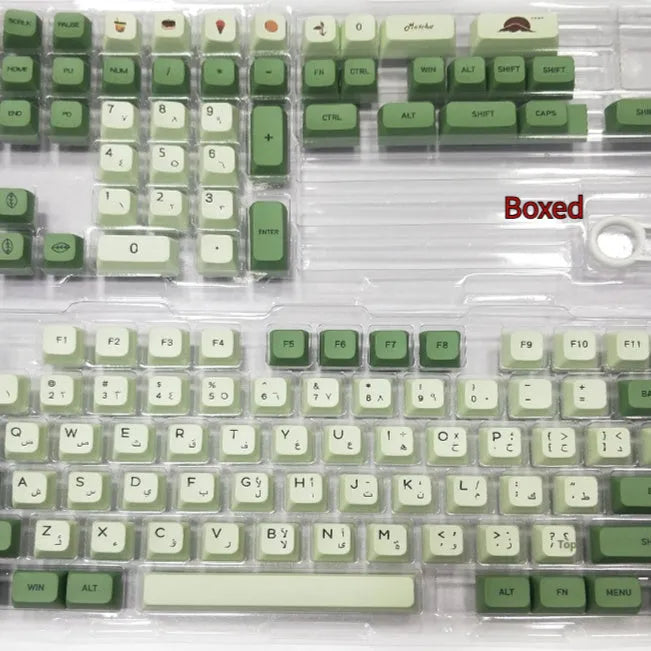 124-key matcha green PBT keycap set showing multiple international language layouts including Arabic and Korean.