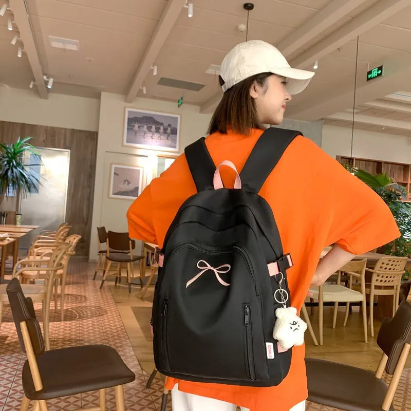 Nylon bow backpack large capacity 36-55L solid colour college style ultra light for women black blue pink white yellow