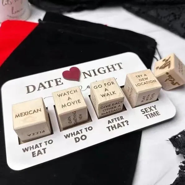 Wooden date night dice set showing five dice, planner board and black storage bag for couples