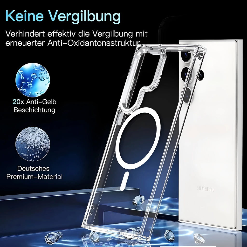 Semi-transparent magnetic phone case with hardware camera ring for Samsung in transparent black