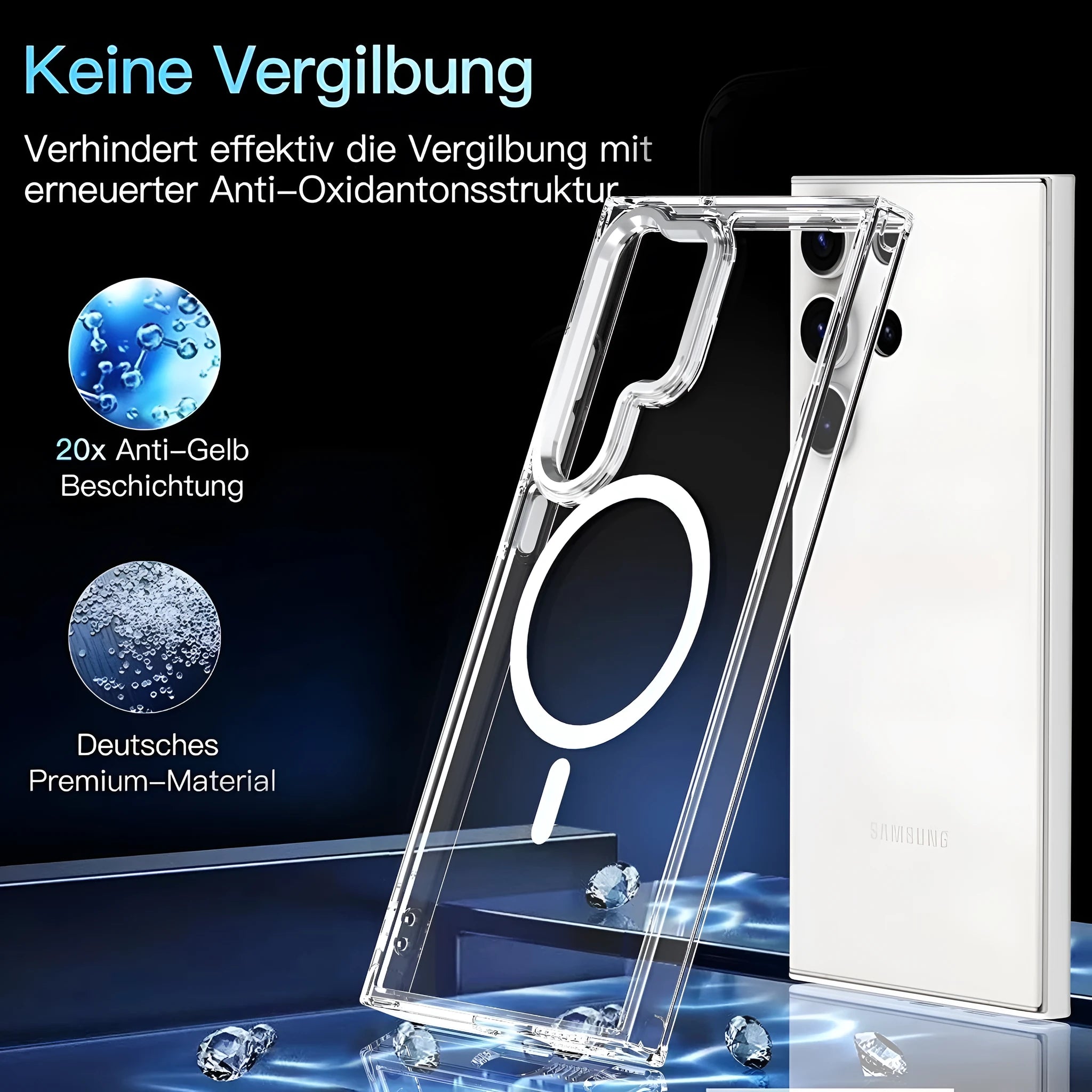 Semi-transparent magnetic phone case with hardware camera ring for Samsung in transparent black