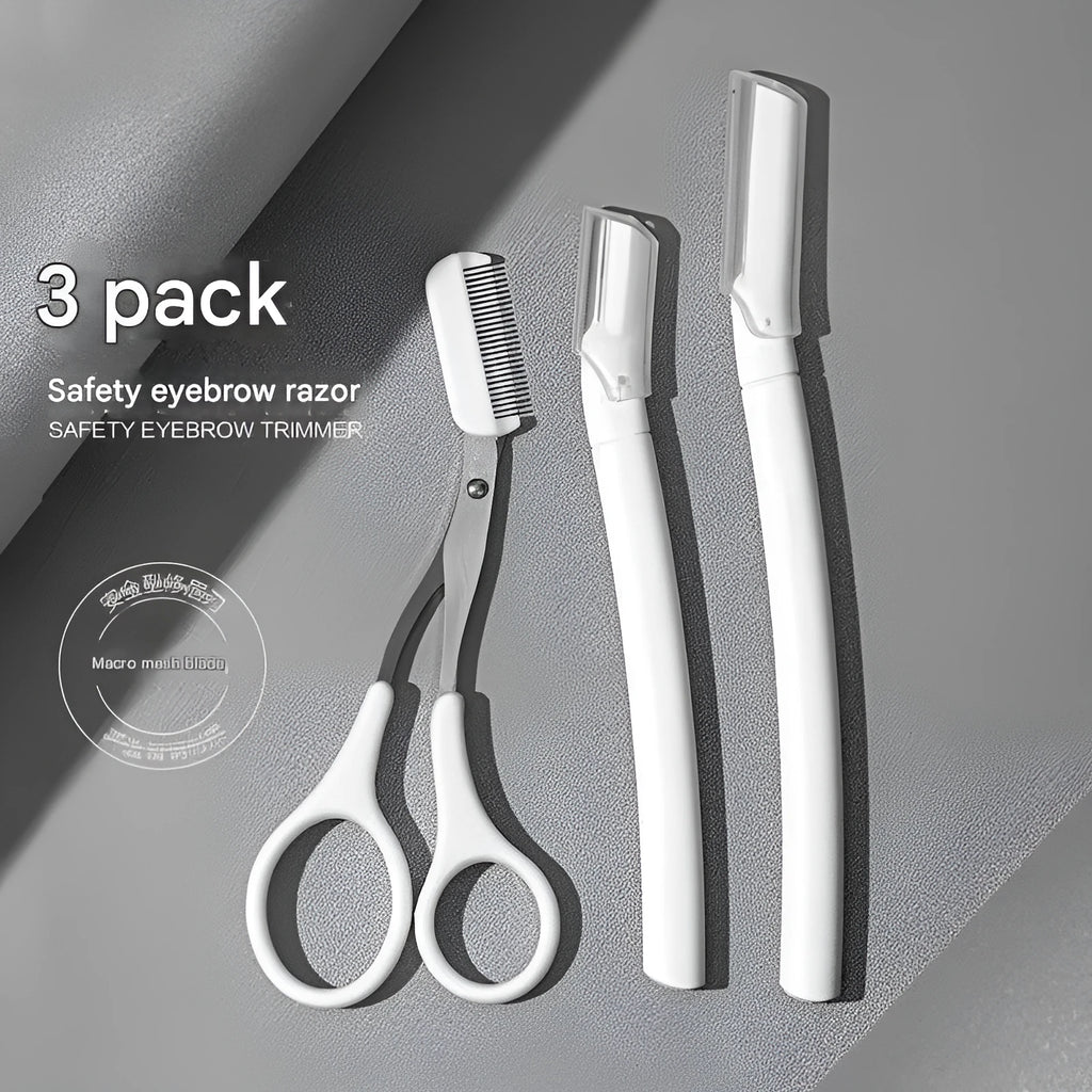 Eyebrow trimming tool set with macro safety design including special eyebrow razor