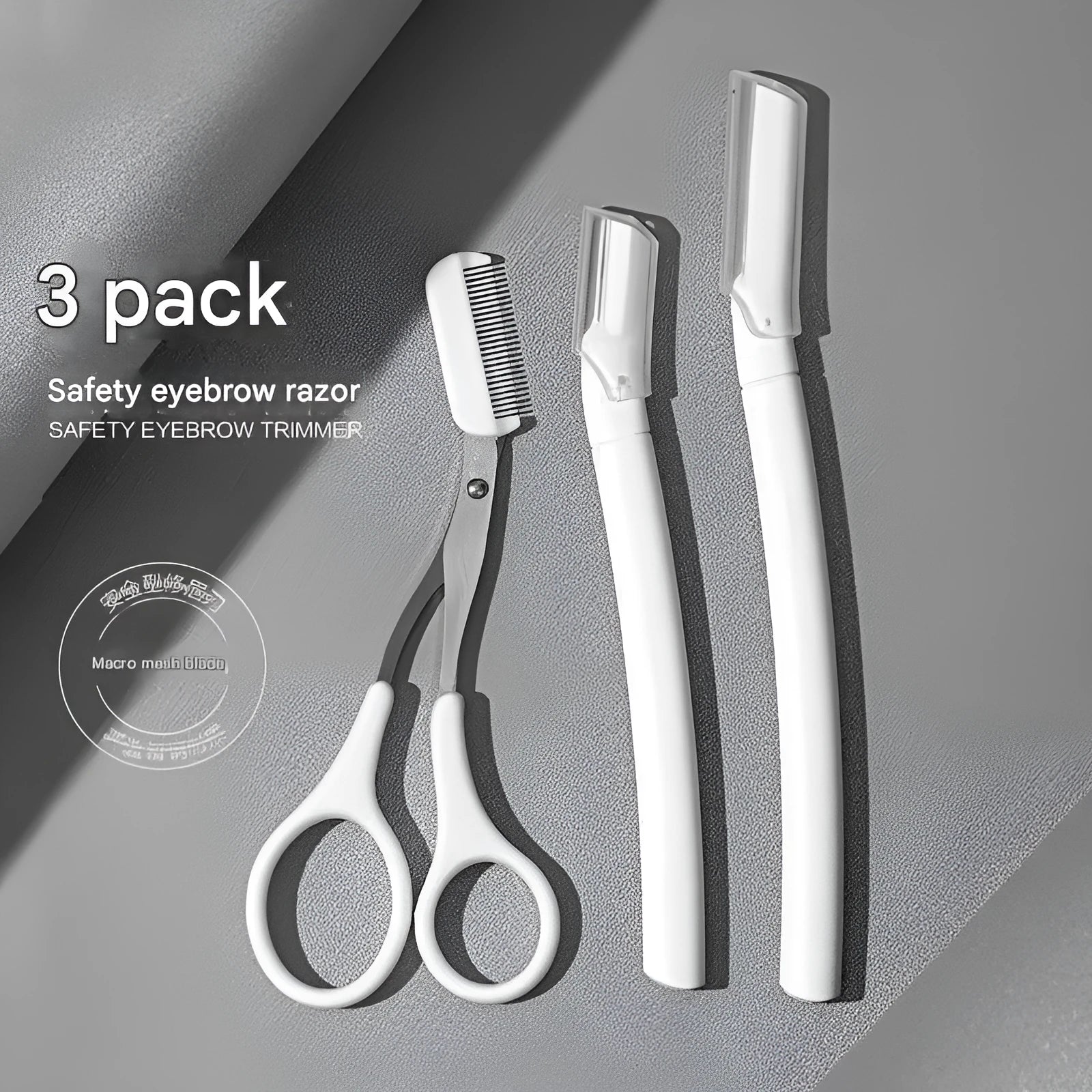 Eyebrow trimming tool set with macro safety design including special eyebrow razor