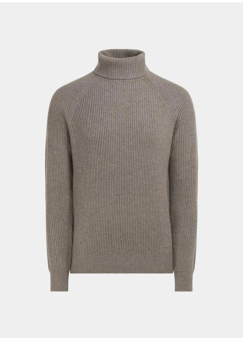 Men's cashmere high-neck knitted sweater in brown colour, 100% goat hair long sleeve pullover