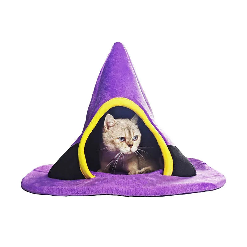 Purple cloth Halloween witch hat-shaped cat nest bed for cats, L size 60x45cm.
