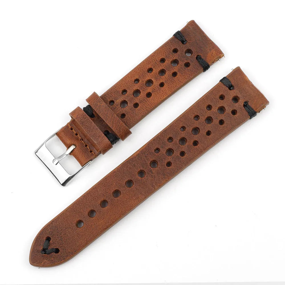Handmade retro genuine leather watch band with white stitching on brown leather, 20mm width
