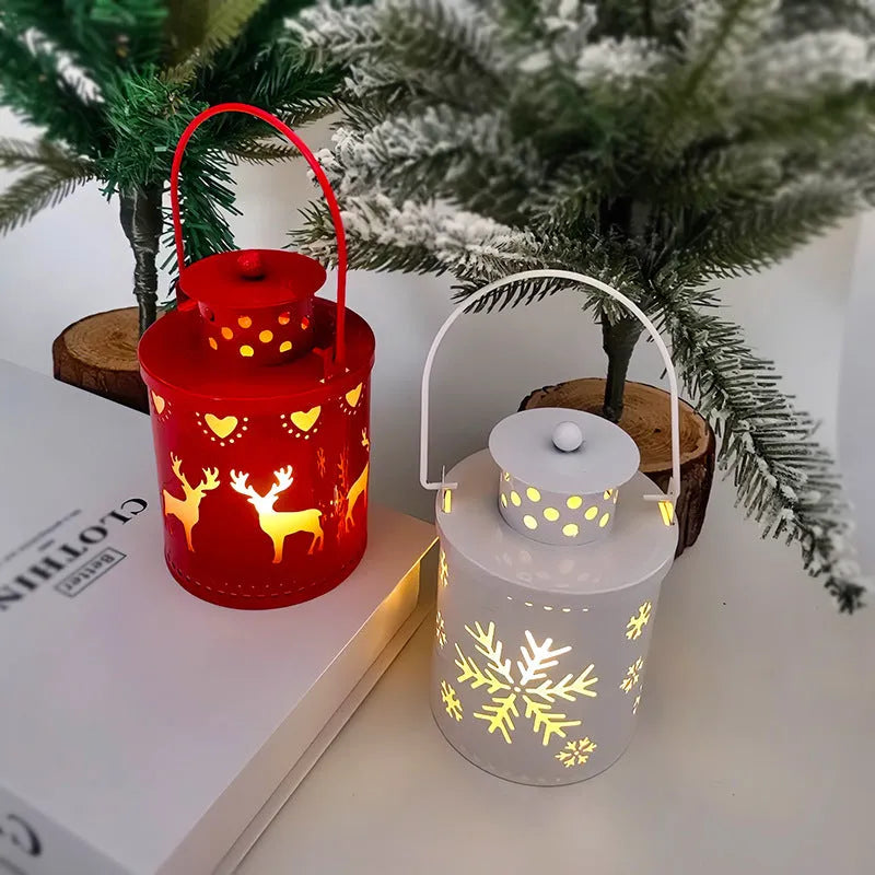 Nordic style Christmas candle light lantern with wrought iron frame and LED bulb