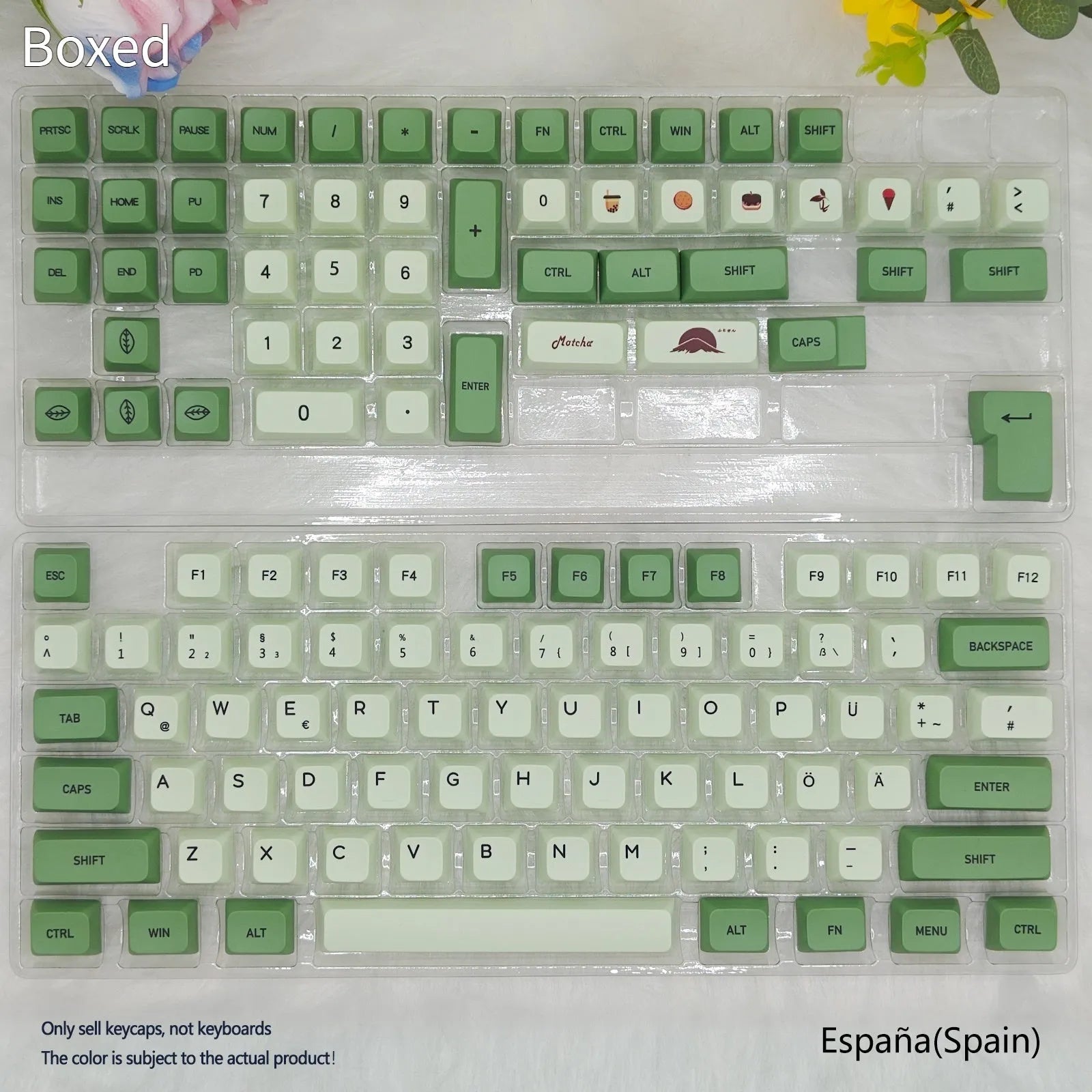 124-key matcha green PBT keycap set showing multiple international language layouts including Arabic and Korean.