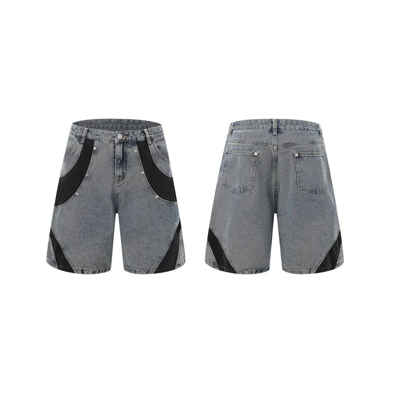 Retro washed denim short-sleeve suit jacket and matching trousers in blue, laid flat.