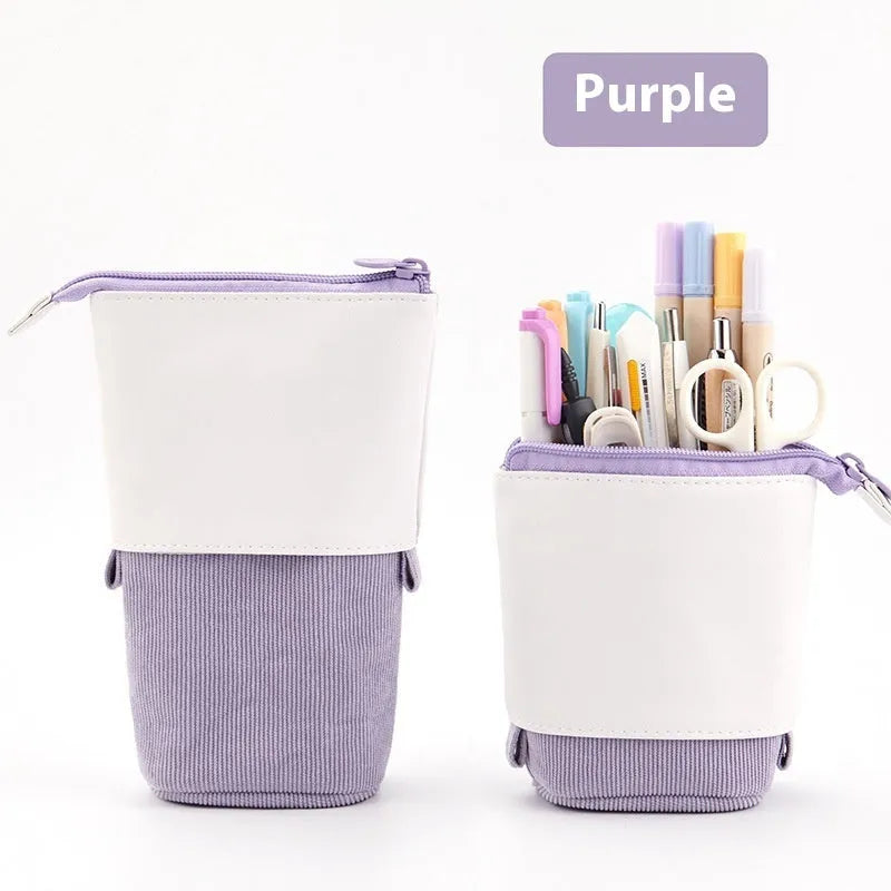 Telescopic drop-down stationery case in cotton and linen with purple PU corduroy exterior