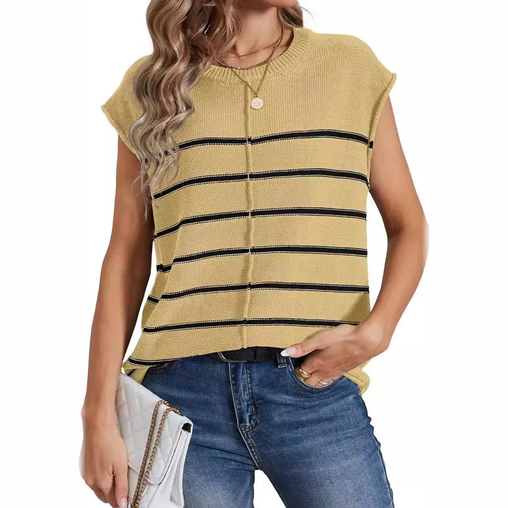 A woman's striped sleeveless V-neck pullover vest on a hanger, showing seam bone stitch detail.
