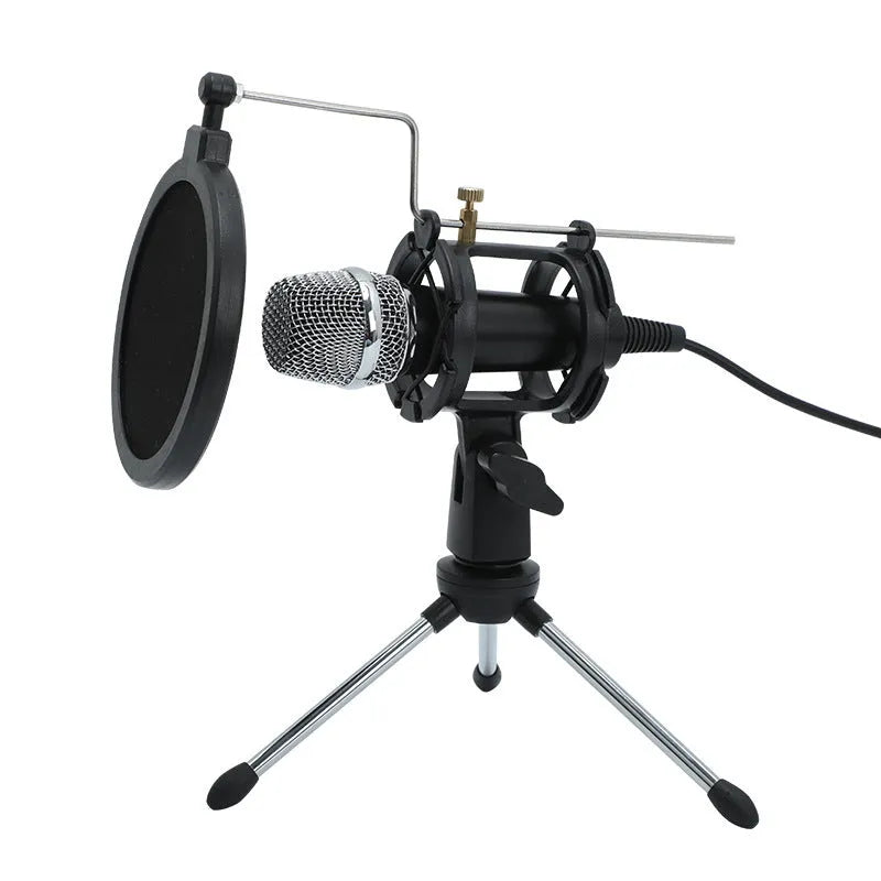 Black condenser microphone on stand with 3.5mm and USB cables for mobile and computer recording
