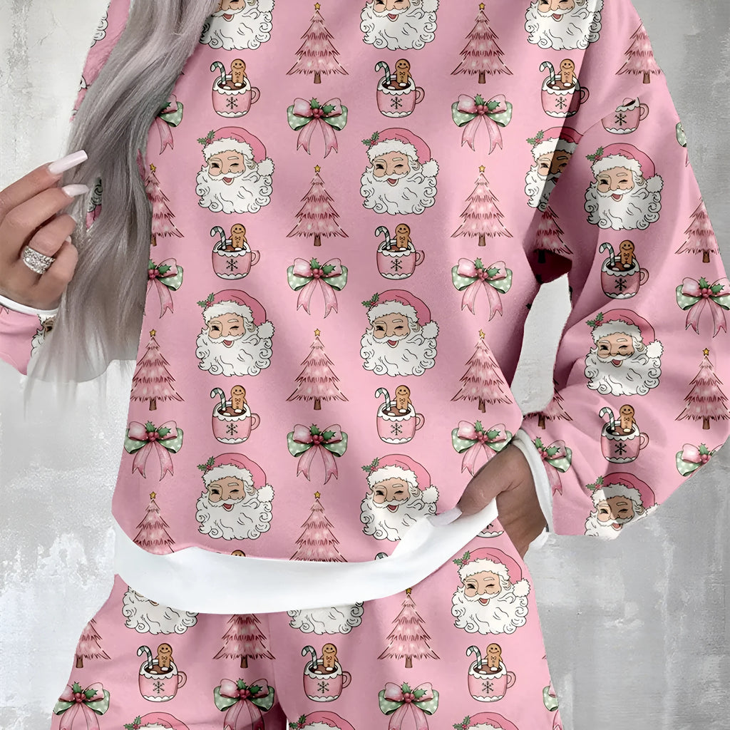 Women's printed long sleeve top and shorts casual suit set in contrast colour, polyester fabric, Japanese Korean style