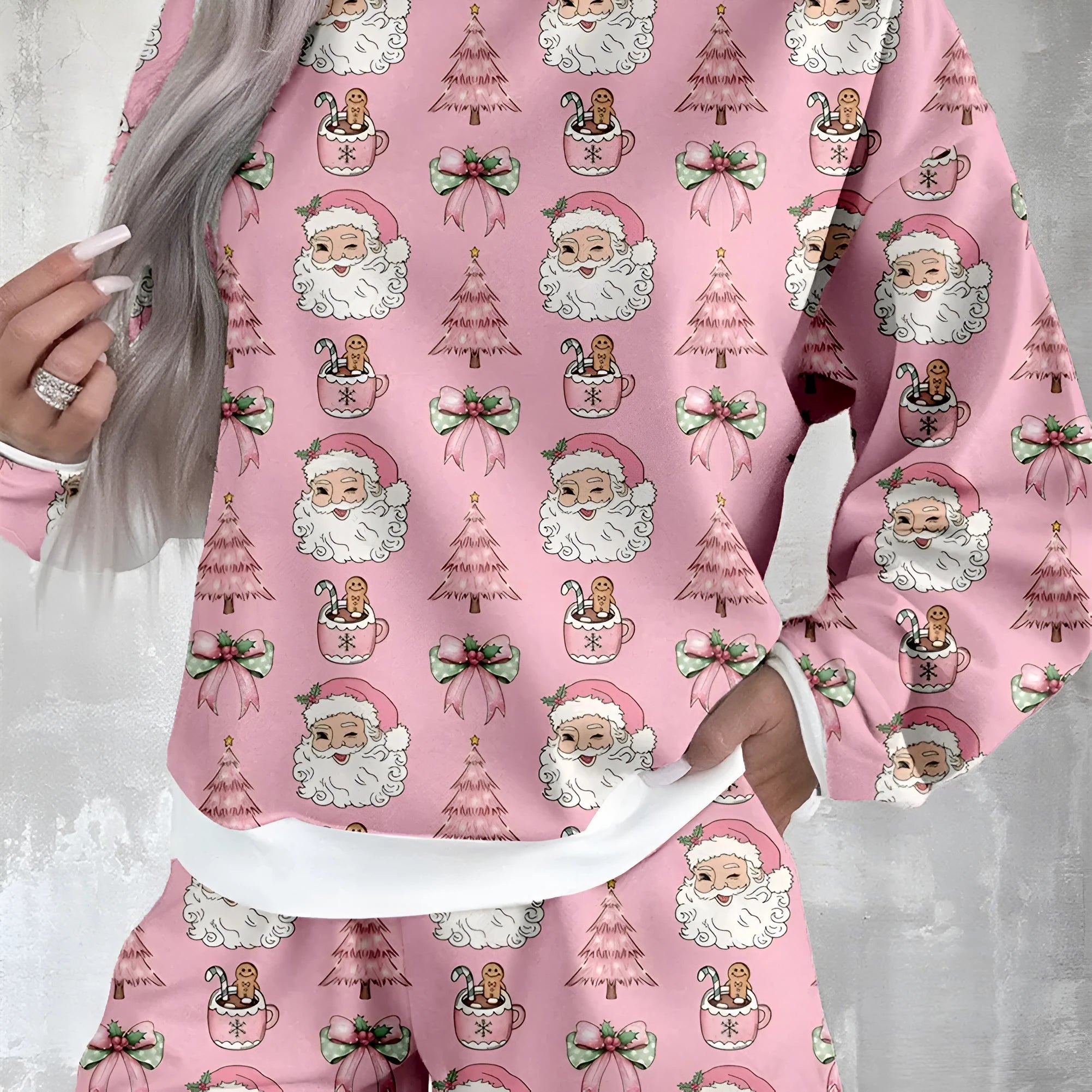 Women's printed long sleeve top and shorts casual suit set in contrast colour, polyester fabric, Japanese Korean style