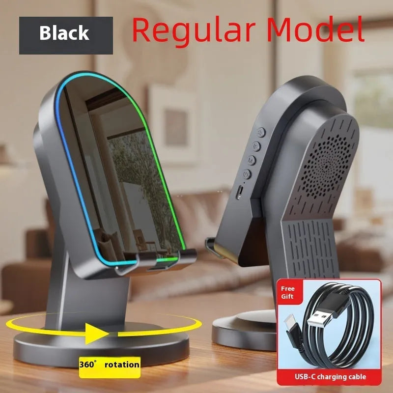 Three-in-one wireless induction Bluetooth speaker bracket with phone holder, black colour, mirror finish, showing USB port and built-in battery