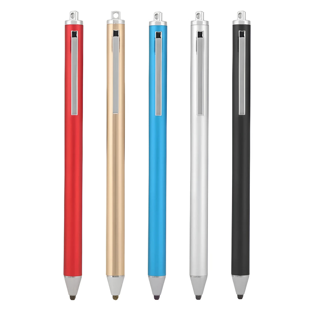 A black metal stylus with a fine silver tip on a touch screen tablet, showing a detailed line drawing.