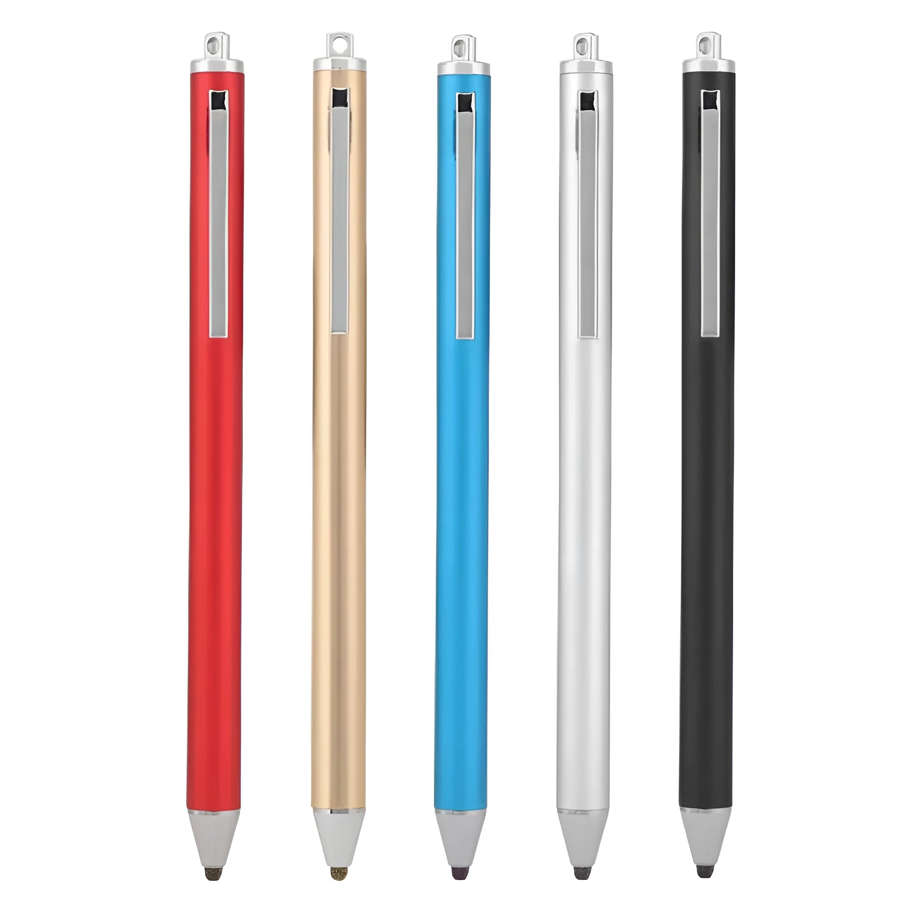 A black metal stylus with a fine silver tip on a touch screen tablet, showing a detailed line drawing.