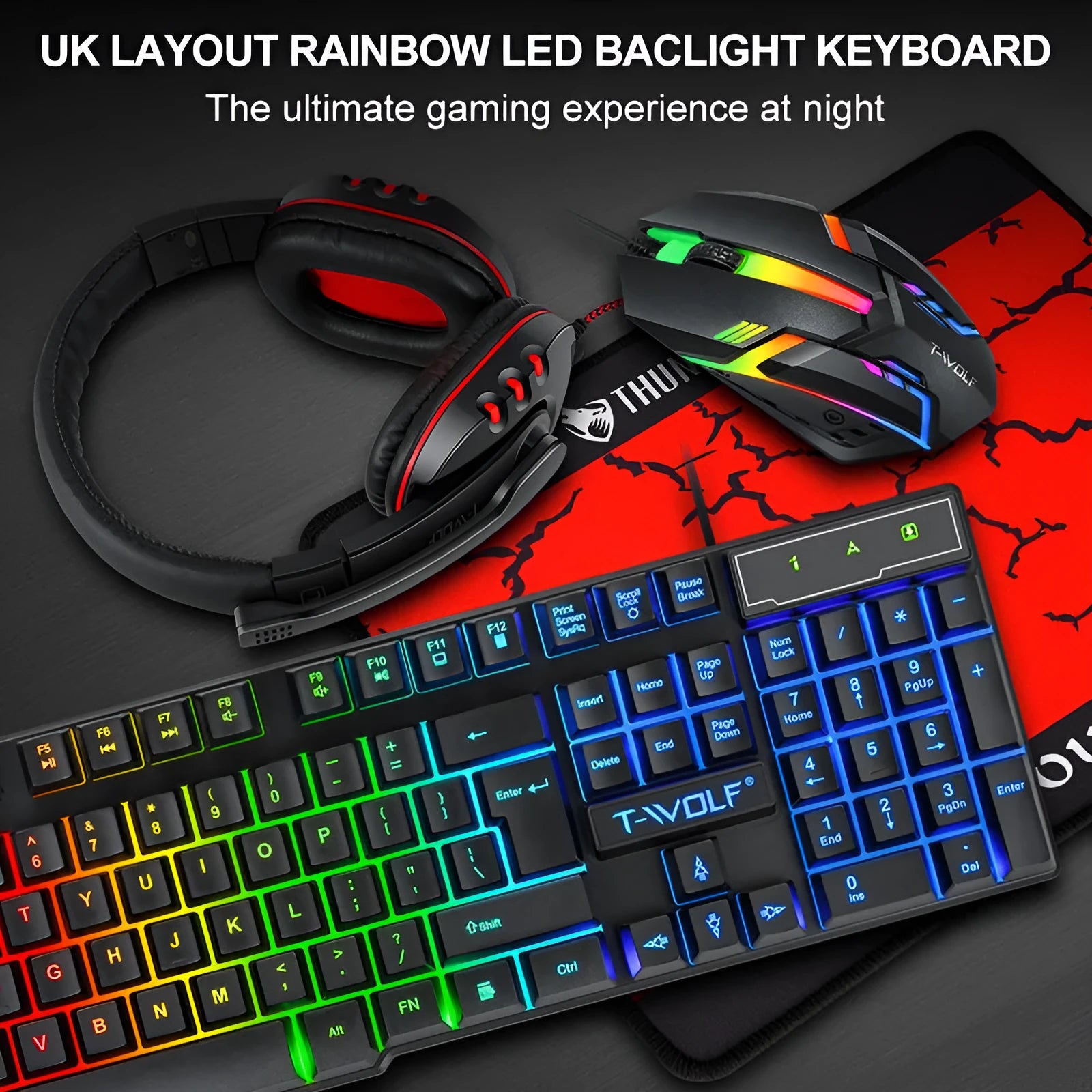 Thunder Wolf T800 gaming keyboard and mouse set with headset and mouse pad showing RGB lighting effects
