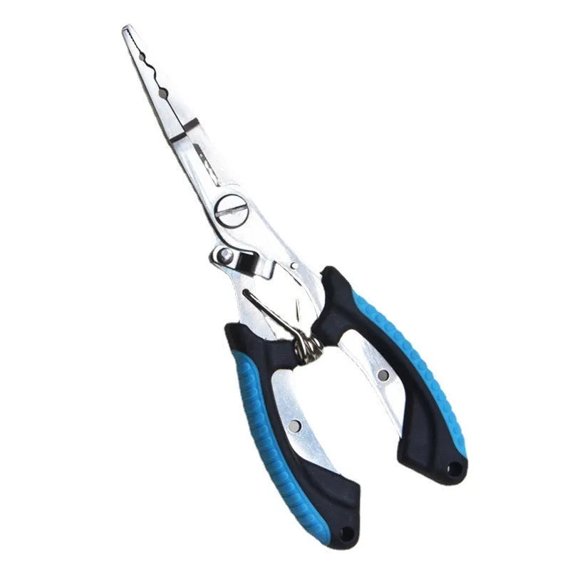 Medium fishing pliers with hook in straight mouth design showing steel construction and coloured handles