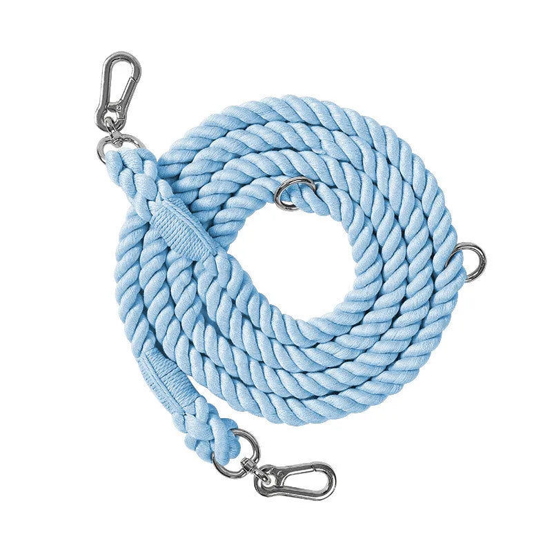 Woven rainbow coloured dog leash with clips at both ends, shown in a choice of colours with silver or gold fittings.
