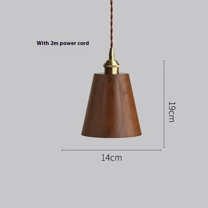 Black walnut and copper single-head droplight chandelier suspended from a ceiling.