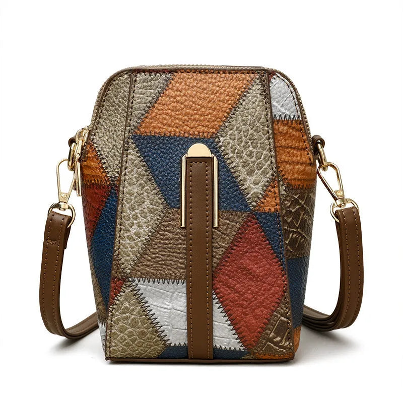 Fashion soft PU shoulder bag with visible stitching detail in irregular blue and brown colour